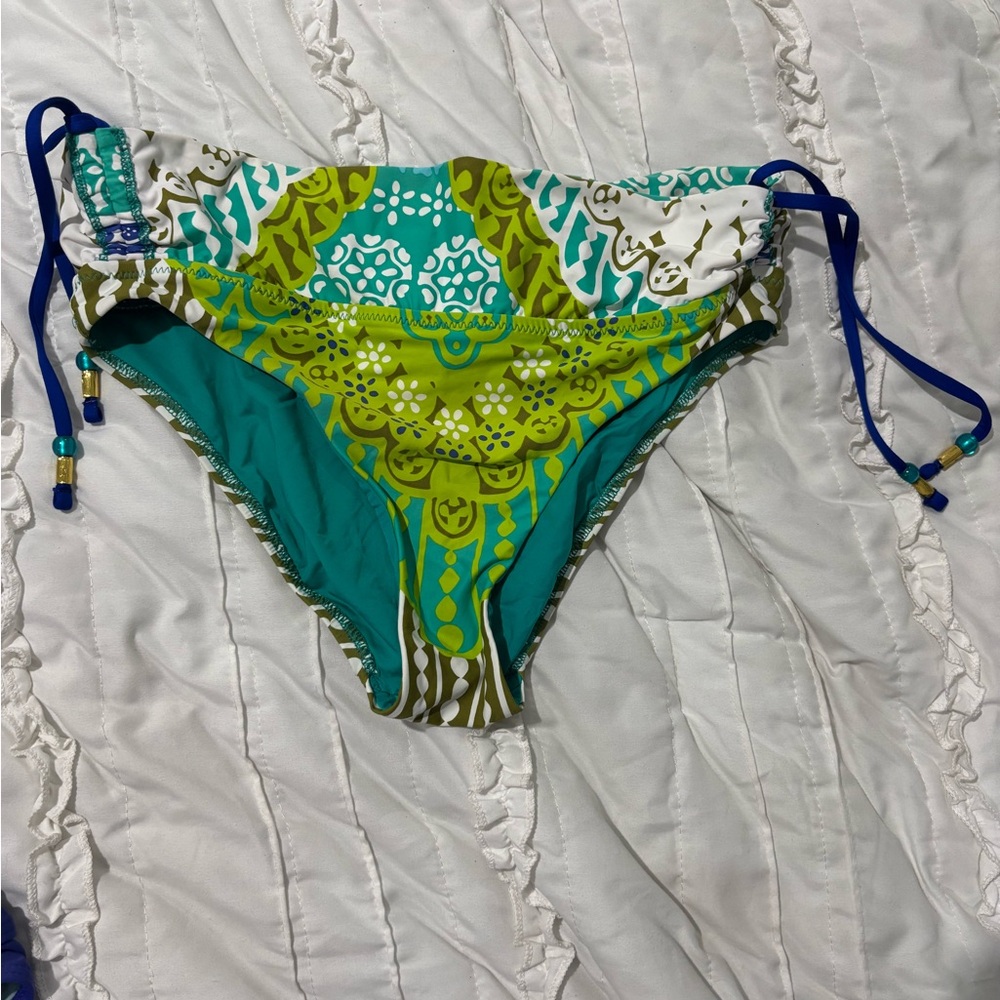 Trina Turk Printed Tie Side Hipster Bikini Bottoms size 4 $82 Blue Green White